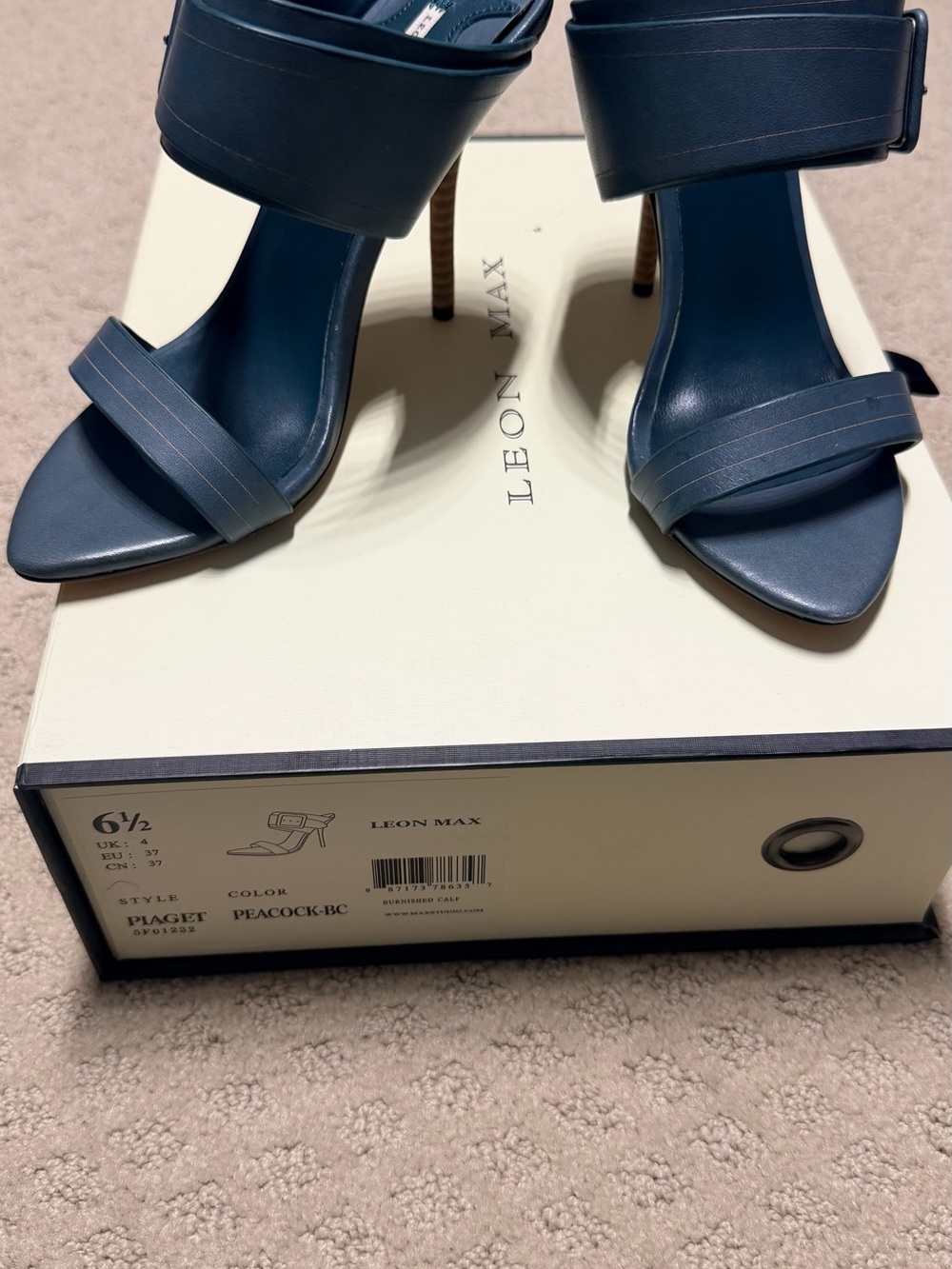 Leon Max Piaget Stiletto Heel Ankle Strap Sandals Peacock Burnished Calf 6.5
